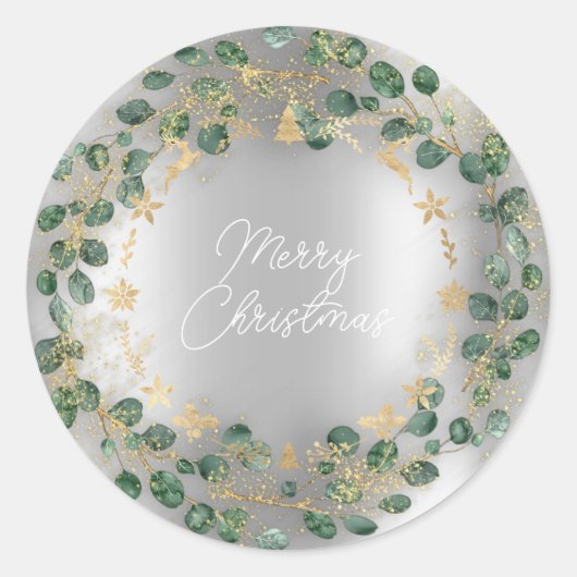 Merry kerst Green Wreath Woodland Wood Silver Ronde Sticker (Voorkant)