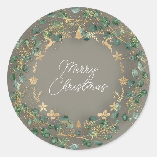 Merry kerst Grey Green Wreath Woodland Gold Ronde Sticker (Voorkant)