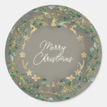 Merry kerst Grey Green Wreath Woodland Gold