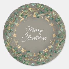 Merry kerst Grey Green Wreath Woodland Gold Ronde Sticker