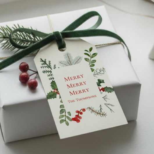 Merry (Kerst) Groene Bladeren & Bessen Elegant Cadeaulabel