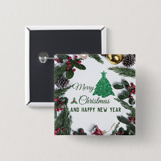Merry kerst - groene glitter vierkante button 5,1 cm (Voorkant /achterkant)