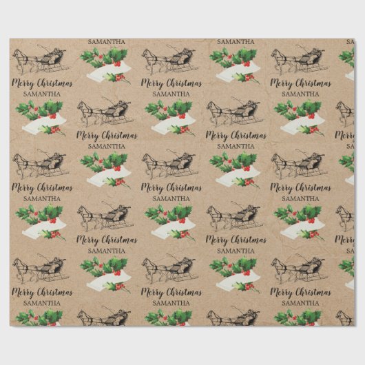Merry kerst Holly Berries Winter Kraft Brown Cadeaupapier (Vlak)