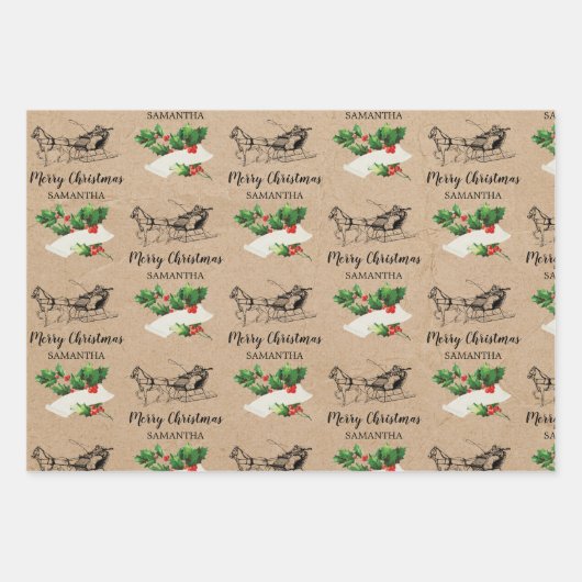 Merry kerst Holly Berries Winter Kraft Brown Inpakpapier Vel (Voorkant)
