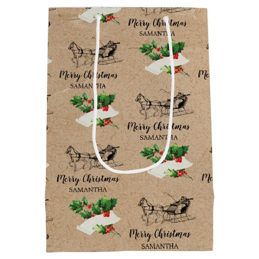 Merry kerst Holly Berries Winter Kraft Brown Medium Cadeauzakje (Achterkant)