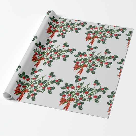 Merry kerst Holly Branch Wrapping Paper Cadeaupapier (Uitgerold)