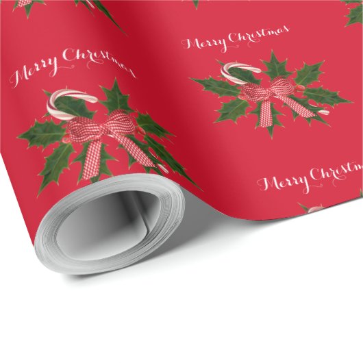 Merry kerst Holly Candy Cane Wrapping Paper Cadeaupapier (Rol Hoek)