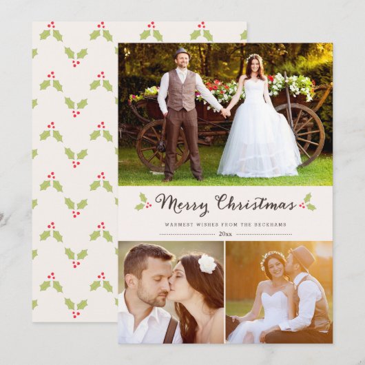 Merry kerst Holly Chevron Pattern-fotokaart Feestdagenkaart (Voorkant / Achterkant)
