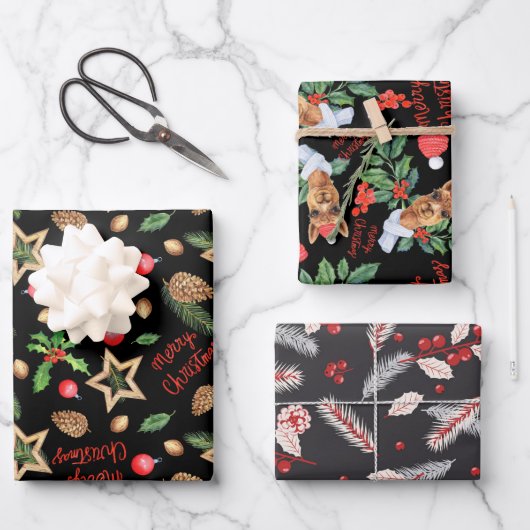 Merry kerst Holly Red Fir Pine Cone Star Black Inpakpapier Vel (Voorkant)