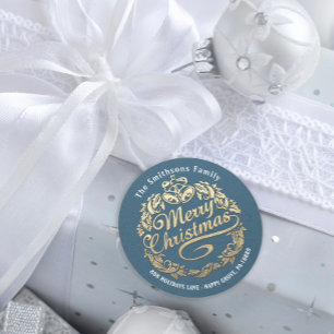 Merry kerst Holly Wreath RSVP Gold Blue Ronde Sticker