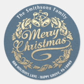 Merry kerst Holly Wreath RSVP Gold Blue Ronde Sticker (Voorkant)