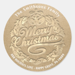 Merry kerst Holly Wreath RSVP Gold Kraft Ronde Sticker