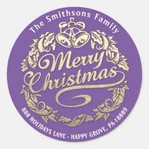 Merry kerst Holly Wreath RSVP Gold Paars Ronde Sticker