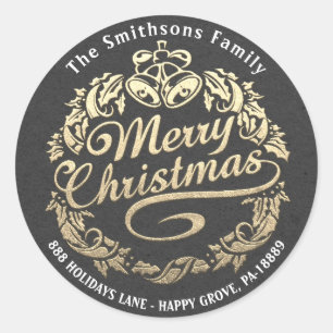 Merry kerst Holly Wreath RSVP Grey Gold Kraft Ronde Sticker