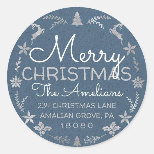 Merry kerst Holly Wreath RSVP Kraft Blue Ronde Sticker (Voorkant)