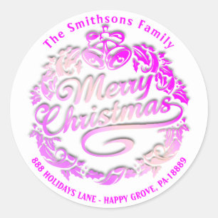 Merry kerst Holly Wreath RSVP Royal Pink White Ronde Sticker