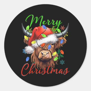 Merry kerst Hoogland Koe Westerne Santa Hat Xma Ronde Sticker