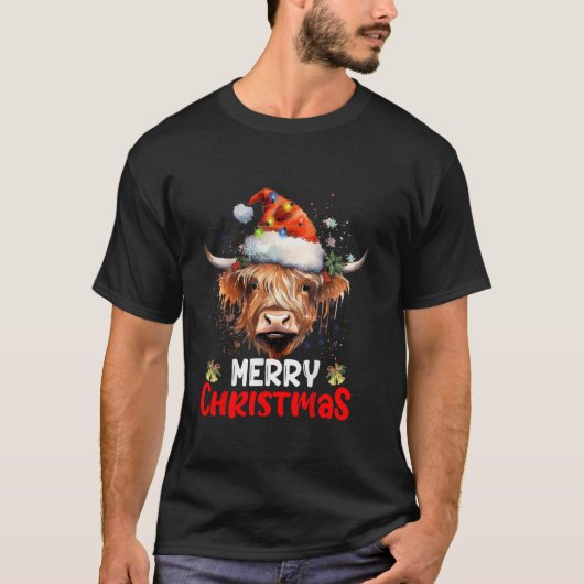 Merry kerst Hoogland Koe Westerne Santa Hat Xma T-shirt (Voorkant)