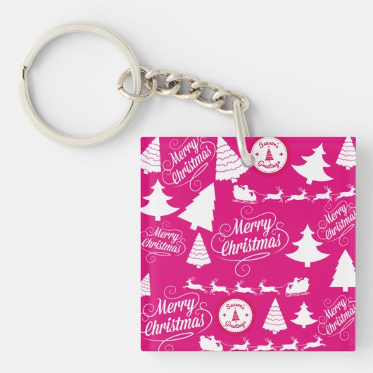 Merry kerst Hot Pink Holiday Xmas-ontwerp Sleutelhanger (Voorkant)