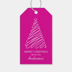 Merry kerst Hot Pink White Scribble Tree Cadeaulabel