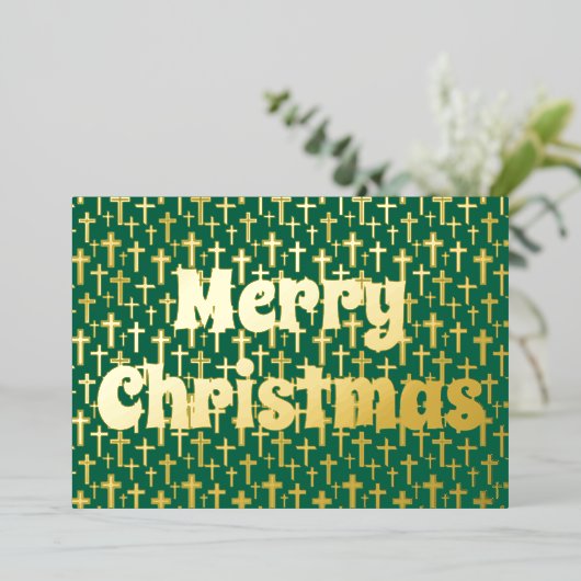 Merry kerst Jezus kruisretro-typografie groen Folie Feestdagenkaart (Staand Voorkant)