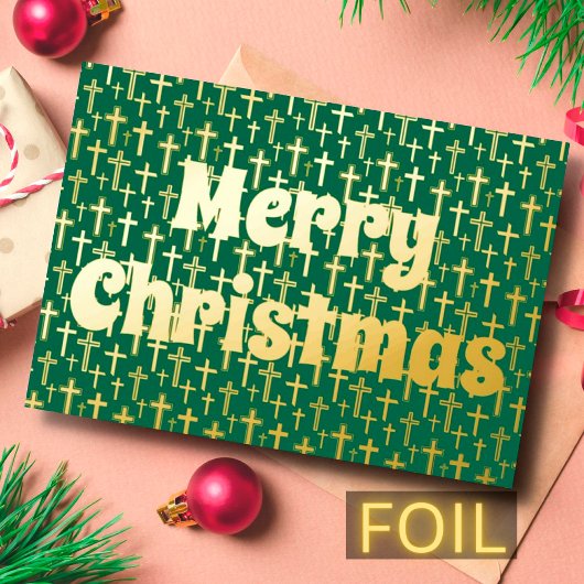 Merry kerst Jezus kruisretro-typografie groen Folie Feestdagenkaart