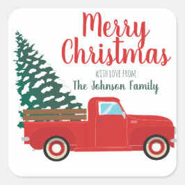 Merry kerst Little Red Pickup Truck Pine Tree Vierkante Sticker