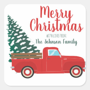 Merry kerst Little Red Pickup Truck Pine Tree Vierkante Sticker