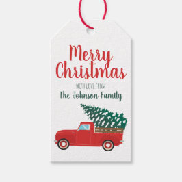 Merry kerst Little Red Pickup Truck Tree Cadeaulabel