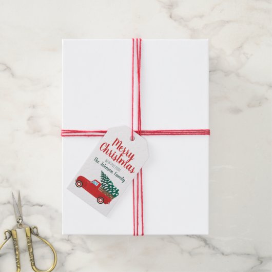 Merry kerst Little Red Pickup Truck Tree Cadeaulabel (Met Touw)
