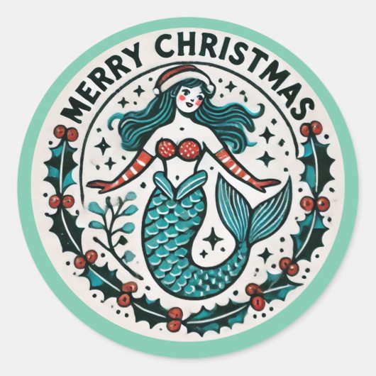 Merry kerst Mermaid Ronde Sticker (Voorkant)