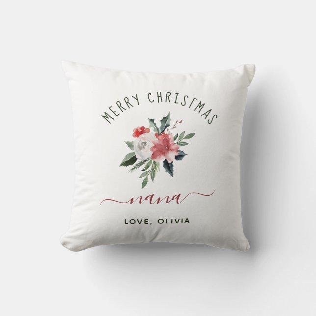 Merry kerst Nana |  Waterverf Floral Kussen (Voorkant)