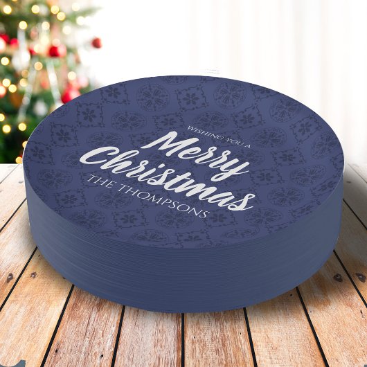Merry kerst Navy Blue Simple Snowflake Pattern Papieren Bordje