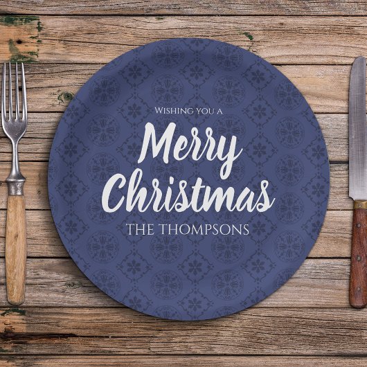 Merry kerst Navy Blue Simple Snowflake Pattern Papieren Bordje