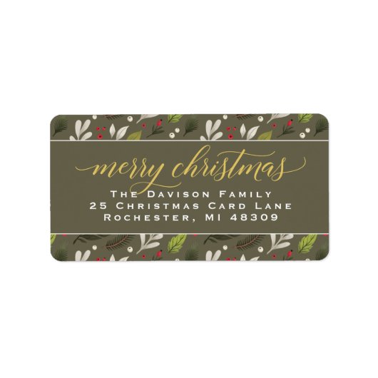 Merry kerst Olive Gold legant Script Address Etiket (Voorkant)