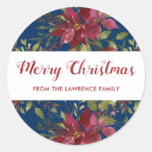 Merry kerst Poinsettia Botanical Navy Blue Ronde Sticker (Voorkant)