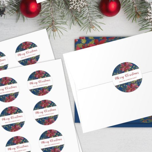 Merry kerst Poinsettia Botanical Navy Blue Ronde Sticker