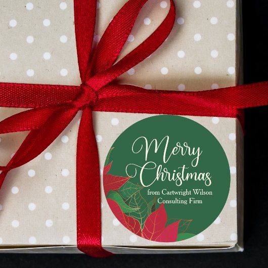 Merry kerst Poinsettia Elegant Green Business Ronde Sticker