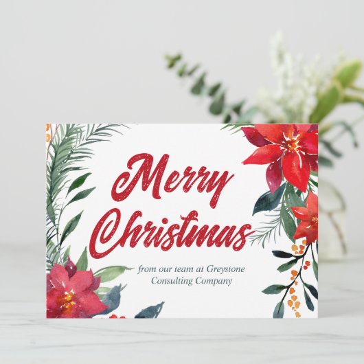 Merry kerst Poinsettia Floral Custom Company Feestdagenkaart (Staand voorkant)