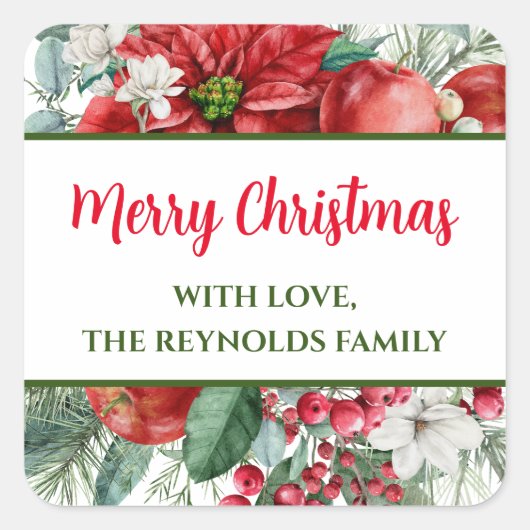Merry kerst Poinsettia Floral Favor Vierkante Sticker (Voorkant)