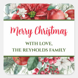 Merry kerst Poinsettia Floral Favor Vierkante Sticker