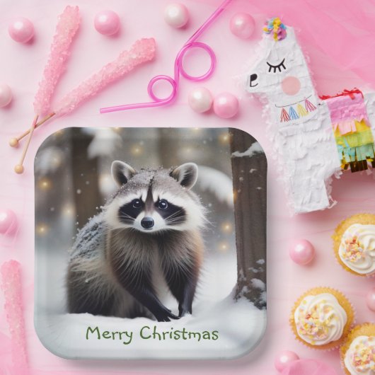 Merry kerst Racoon Papieren Bordje (Feest)