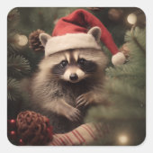 Merry kerst Racoon Vierkante Sticker (Voorkant)