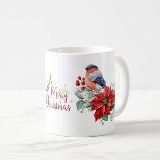 Merry kerst Red Poinsettia Bird Holly Berry Koffiemok (Voorkant rechts)