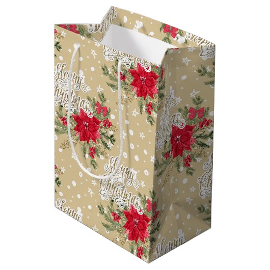 Merry kerst Red Poinsettia Medium Cadeauzakje (Achterkant Gekanteld)