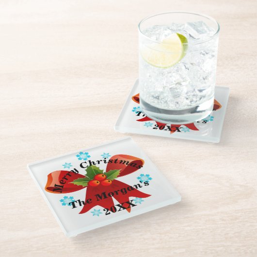 Merry kerst Red Ribbon Holly Berry Glazen Onderzetter (Schuin)