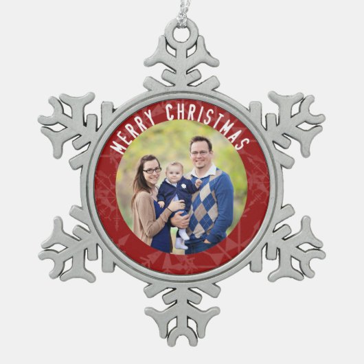 Merry kerst Red Snowflake Foto Tin Sneeuwvlok Ornament (Voorkant)