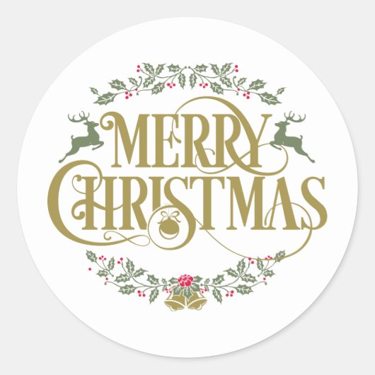 Merry kerst Reindeer Holly Berries Ronde Sticker (Voorkant)