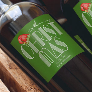 Merry kerst Retro Typografie Green Wine Label Wijn Etiket