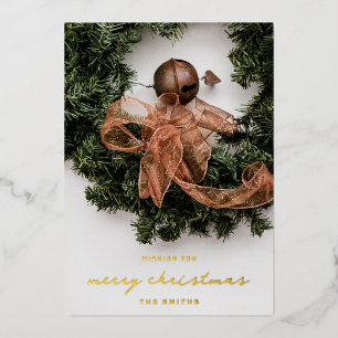 Merry kerst Ribbon Bell Wreath Elegant Photo Folie Feestdagenkaart